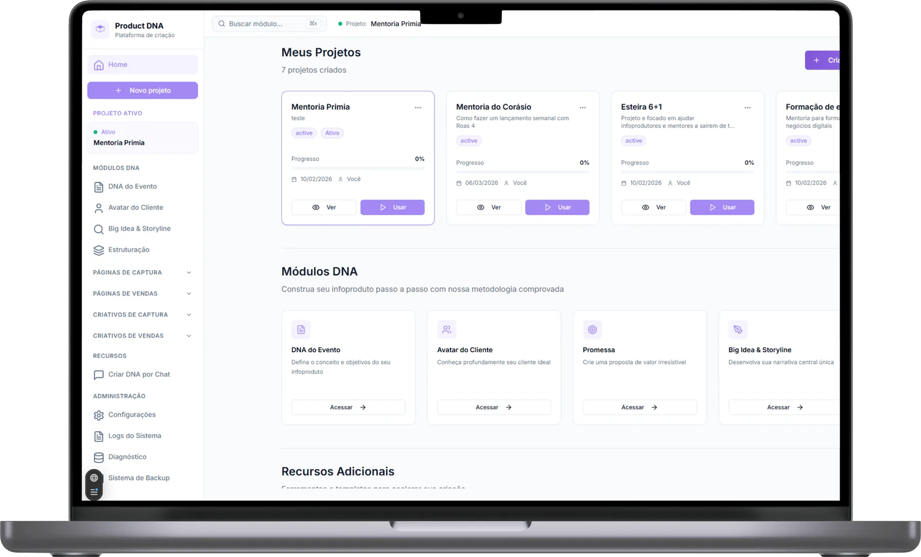 Plataforma Product DNA com projetos de lançamento e módulos da metodologia