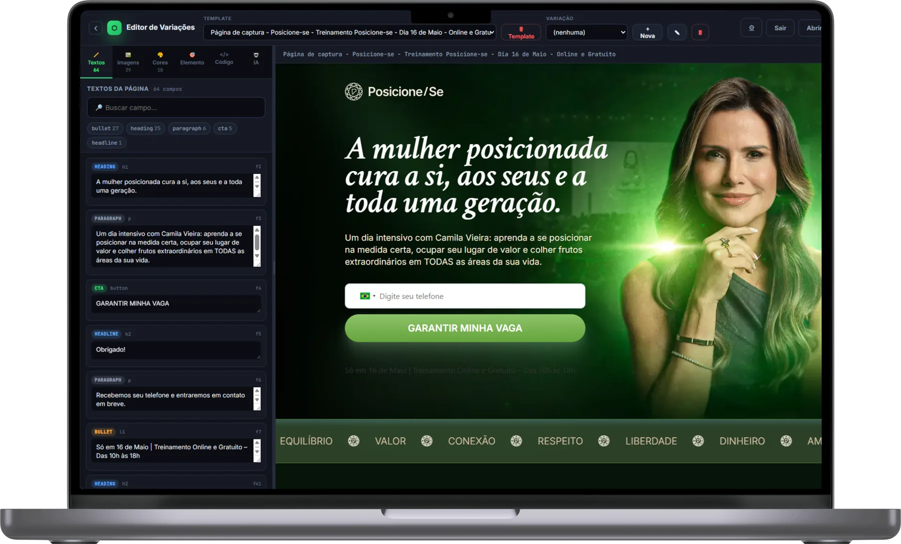 Editor de variações do Primia Pages com campos por função e página de captura ao lado