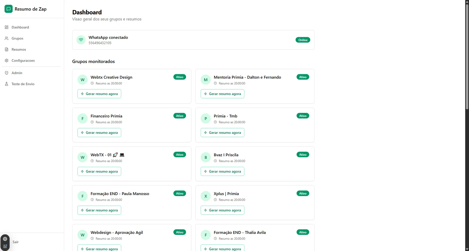 Dashboard do Resumo de Zap com WhatsApp conectado e grupos monitorados